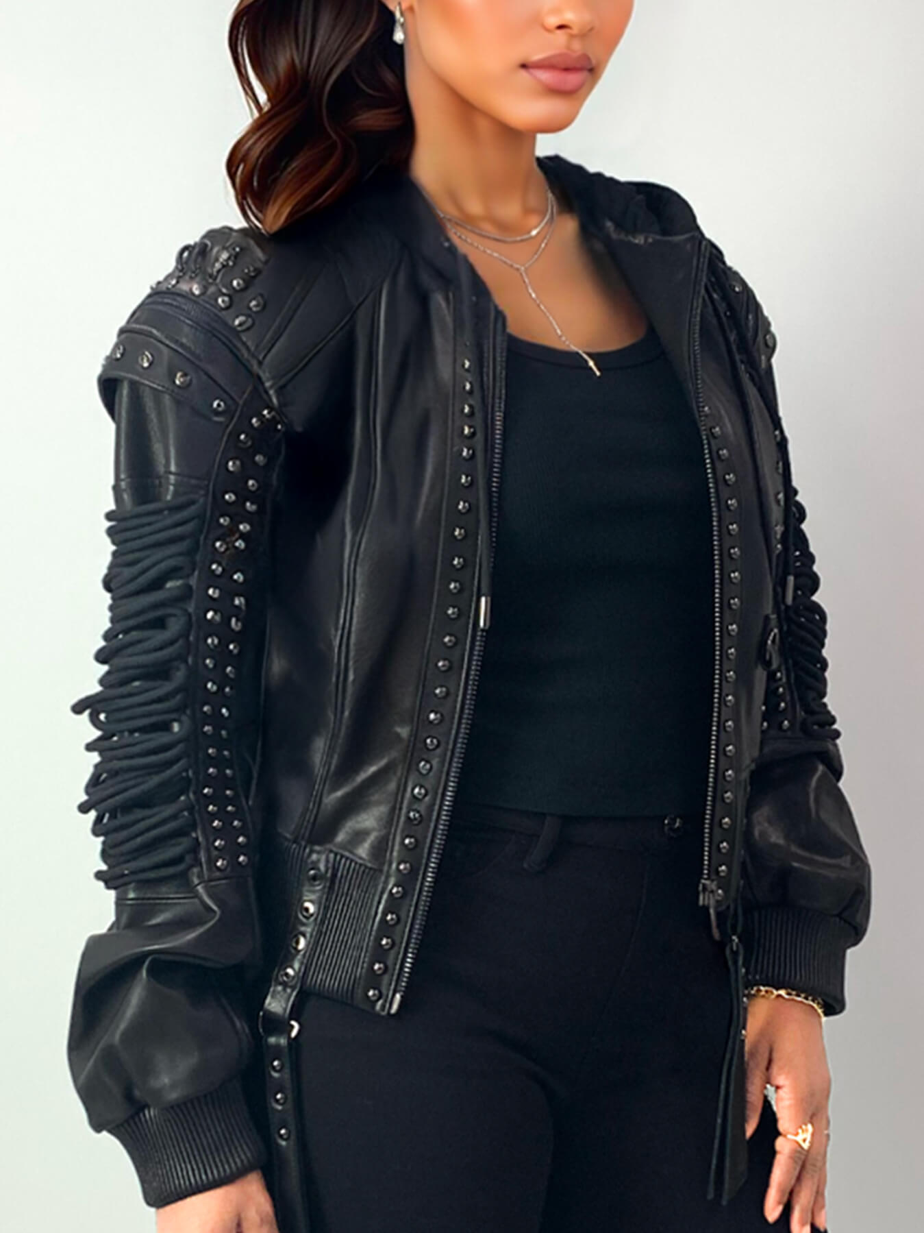 Lace Up Leather Bomber Jacket