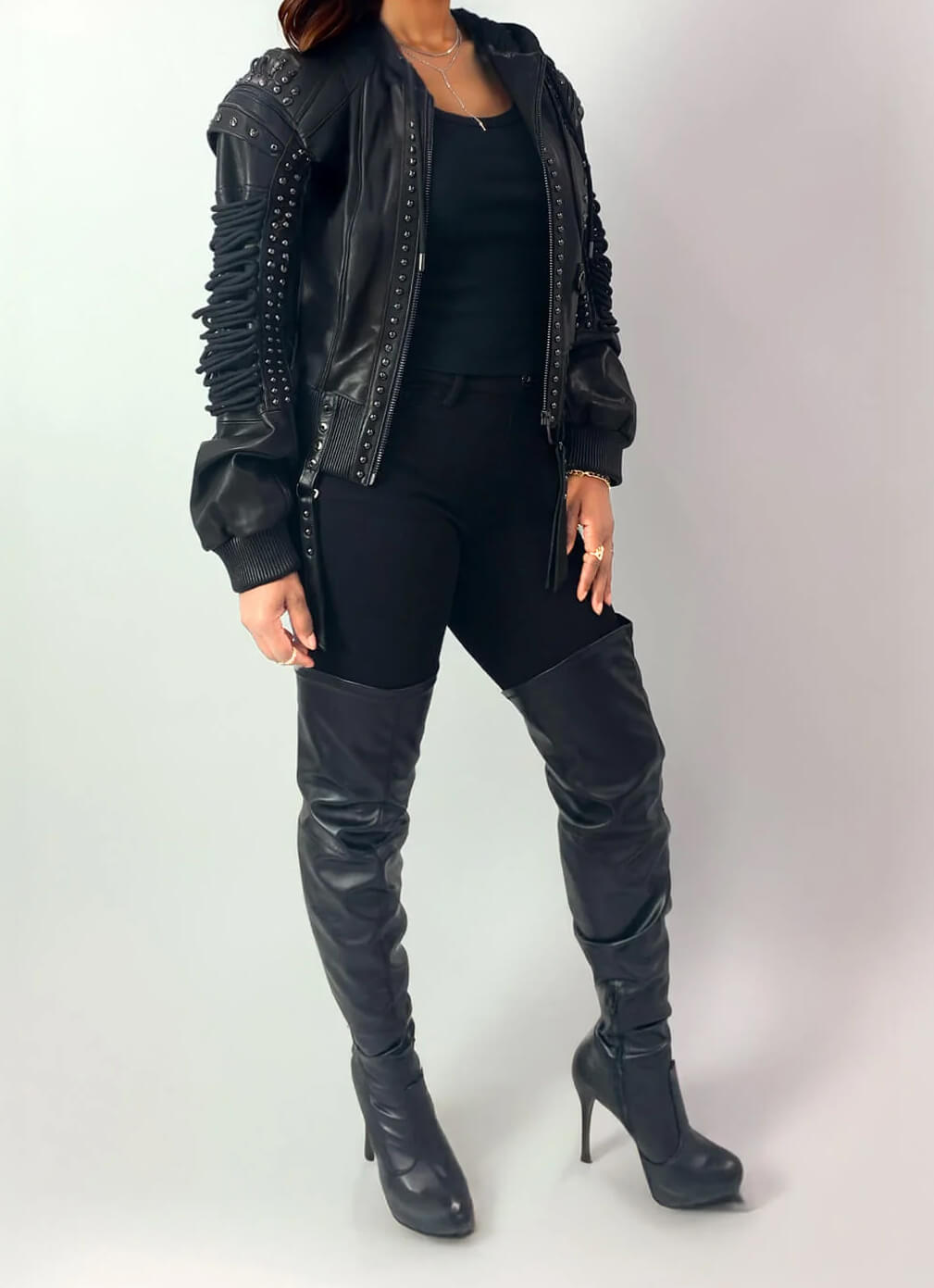 Lace Up Leather Bomber Jacket